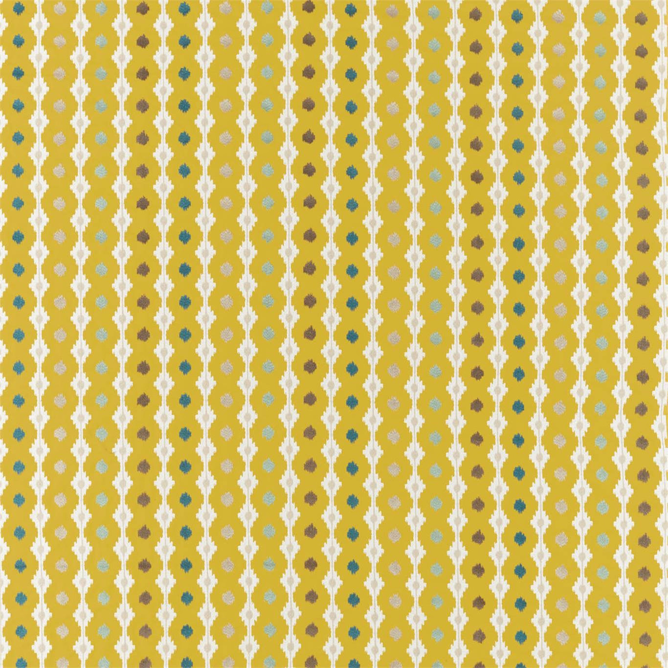 Mustard yellow geometric fabric with ivory vertical stripes and small brown and teal motifs