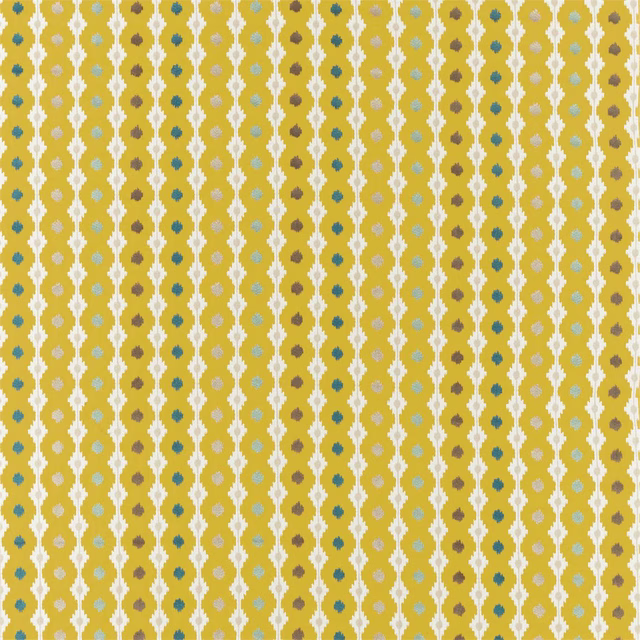 Mustard yellow geometric fabric with ivory vertical stripes and small brown and teal motifs