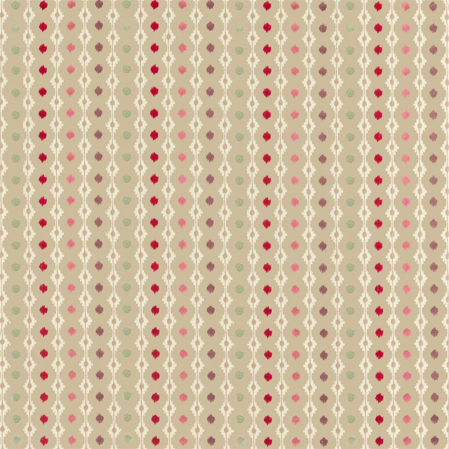 Beige-sand patterned fabric with ivory zigzag stripes and red dotted motifs