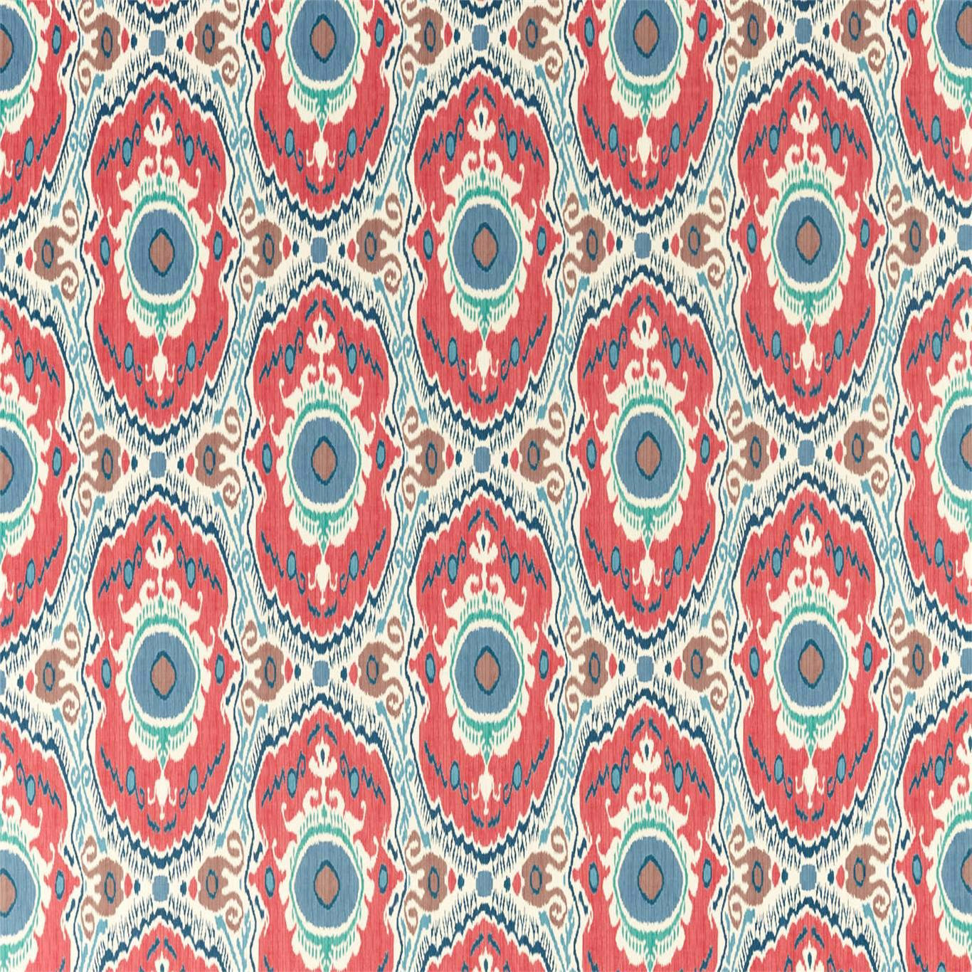 Coral red patterned fabric with midnight blue and teal circular medallions