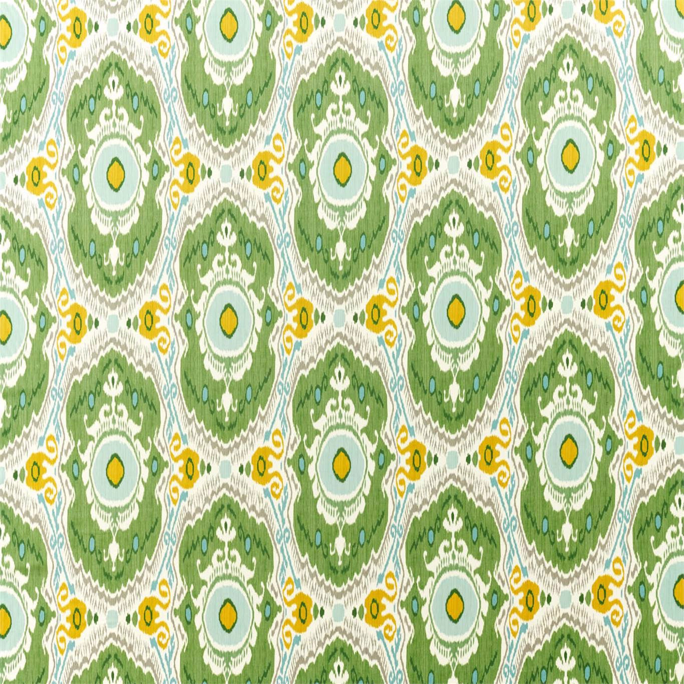 Repeating green and aqua medallion print with yellow accents on a pale ground