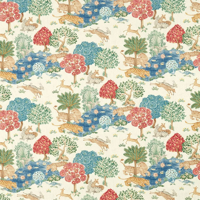 Cream fabric with indigo pools, red trees and animal garden motifs