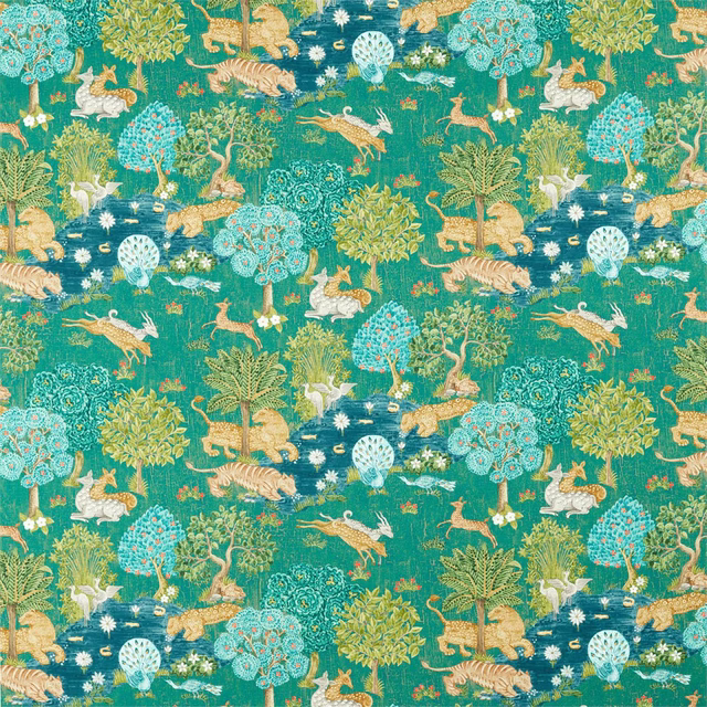 Teal printed fabric with tigers, trees, deer and birds in a large garden scene