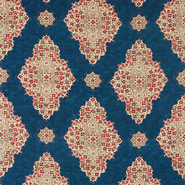 Cobalt blue damask fabric with cream and flame-red diamond medallions