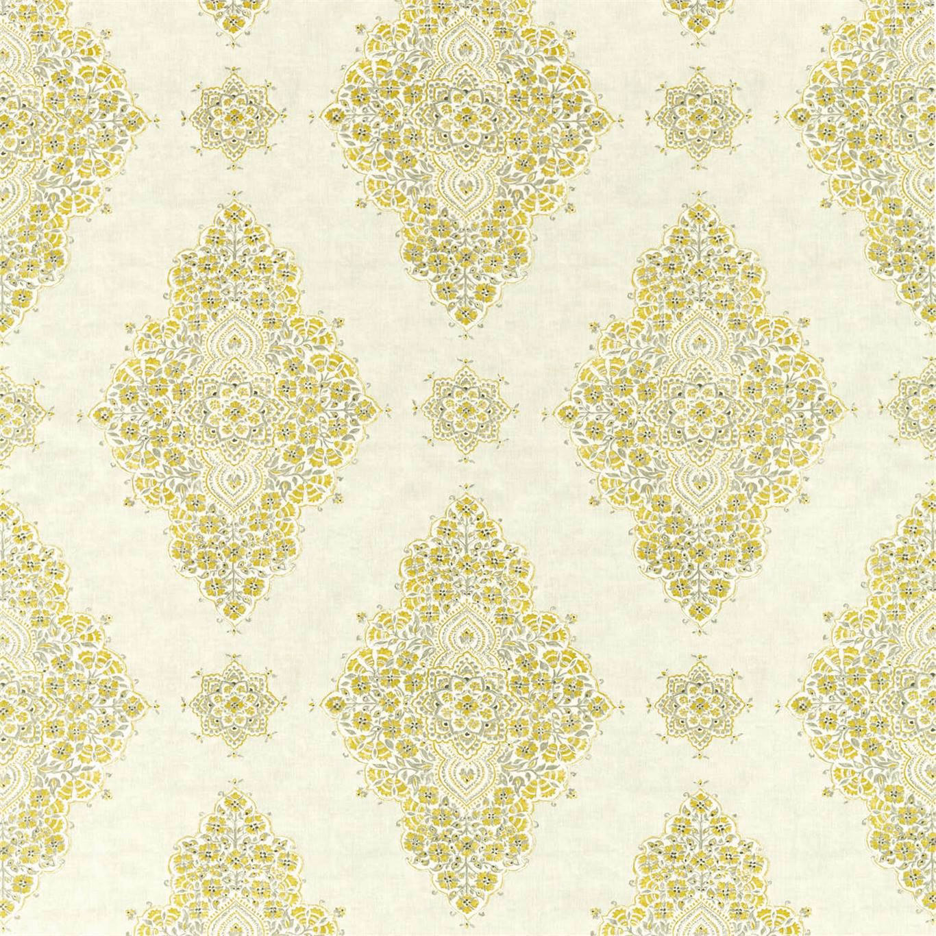 Cream fabric swatch with large yellow damask diamonds and grey embroidery details