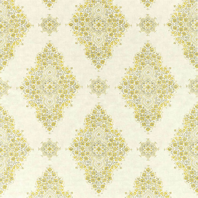 Cream fabric swatch with large yellow damask diamonds and grey embroidery details