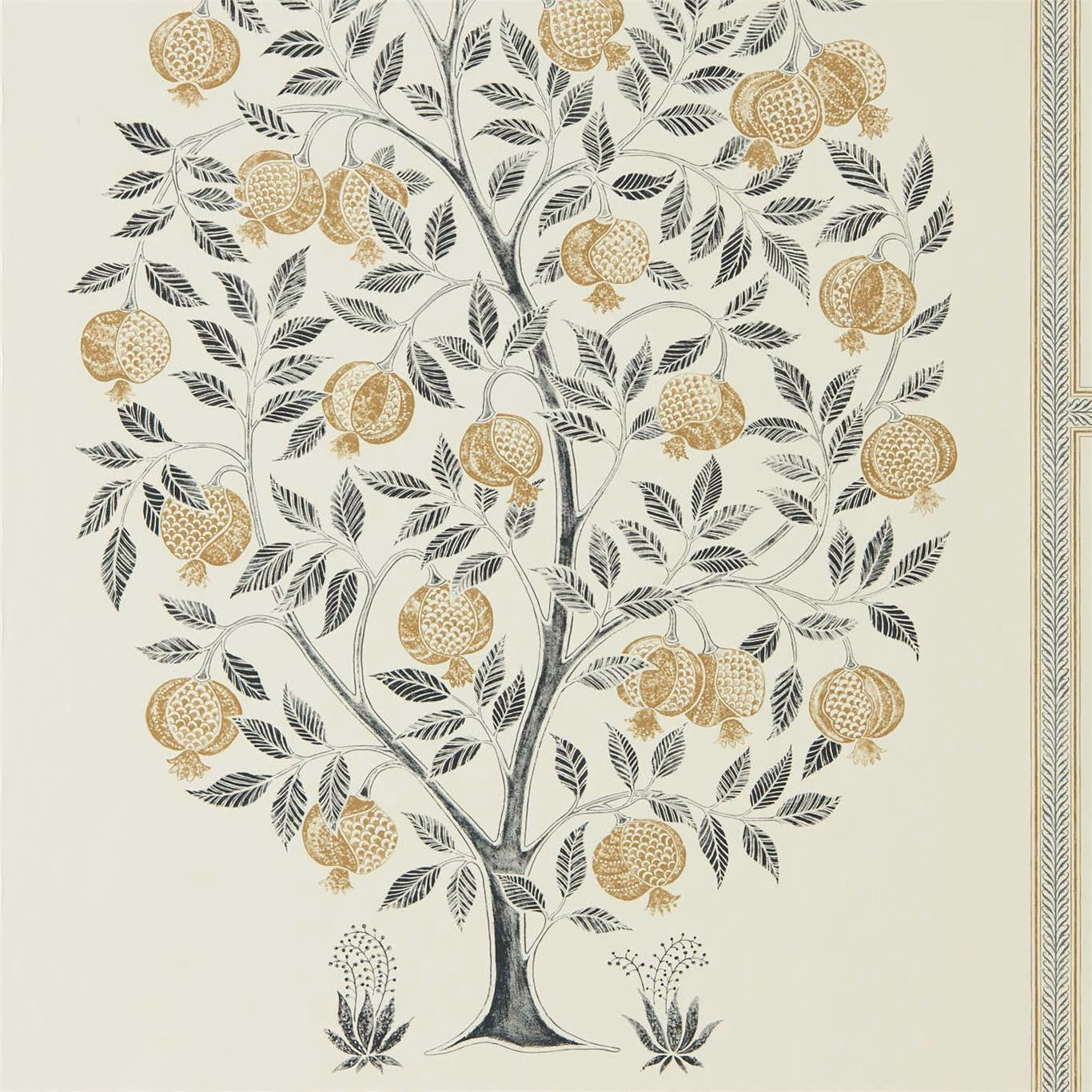Pale ivory wallpaper with charcoal pomegranate branches, gold fruit and a right-hand border
