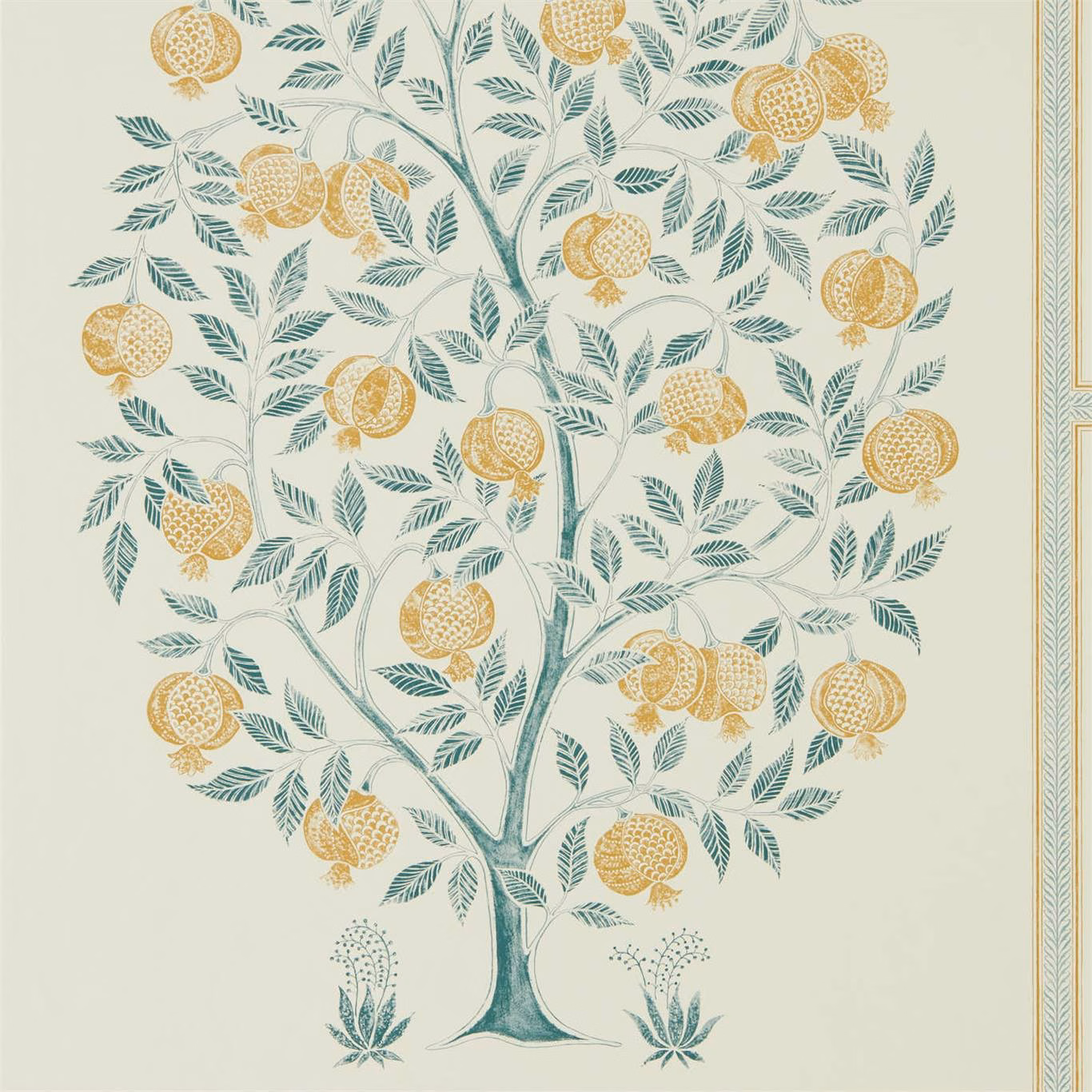 Pale grey-green wallpaper with teal pomegranate tree and golden fruit motifs