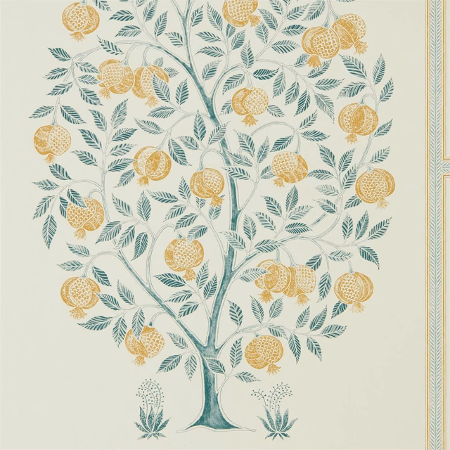 Pale grey-green wallpaper with teal pomegranate tree and golden fruit motifs