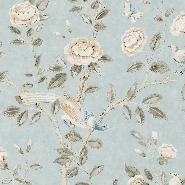 Dove-blue wallpaper with cream roses, leafy branches, birds and a butterfly