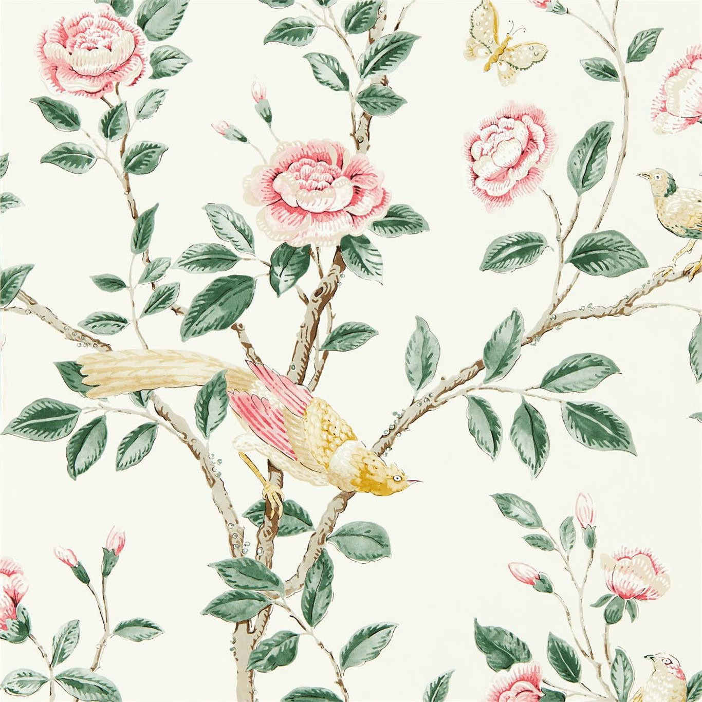 Rose pink flowers and green branches with yellow birds on a cream botanical wallpaper