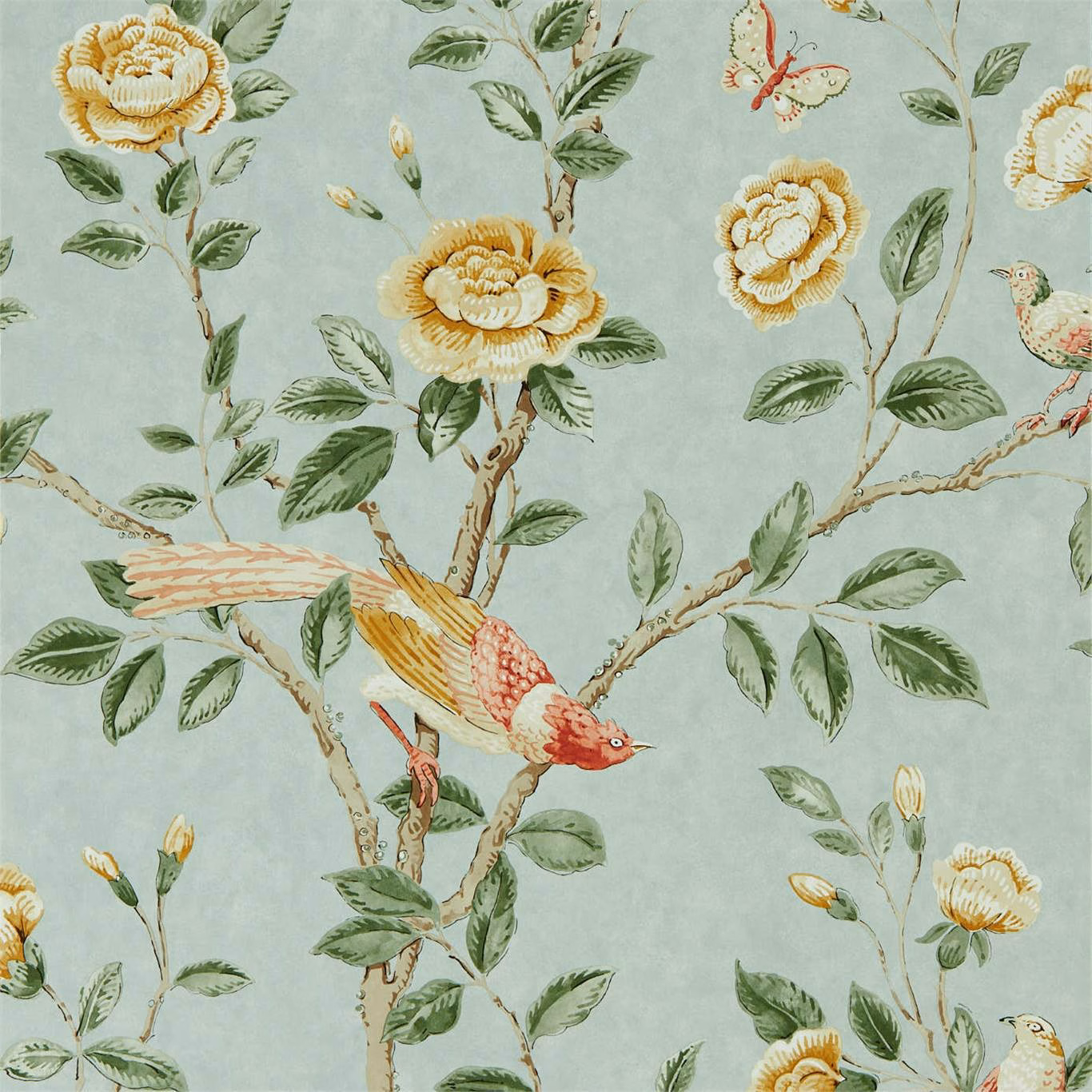 Pale sea-glass wallpaper with lemon flowers, leafy branches, birds and a butterfly