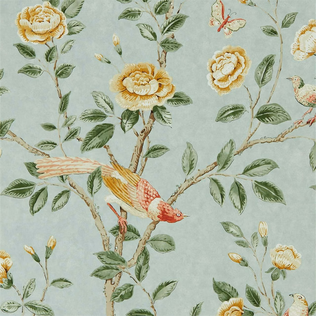 Pale sea-glass wallpaper with lemon flowers, leafy branches, birds and a butterfly