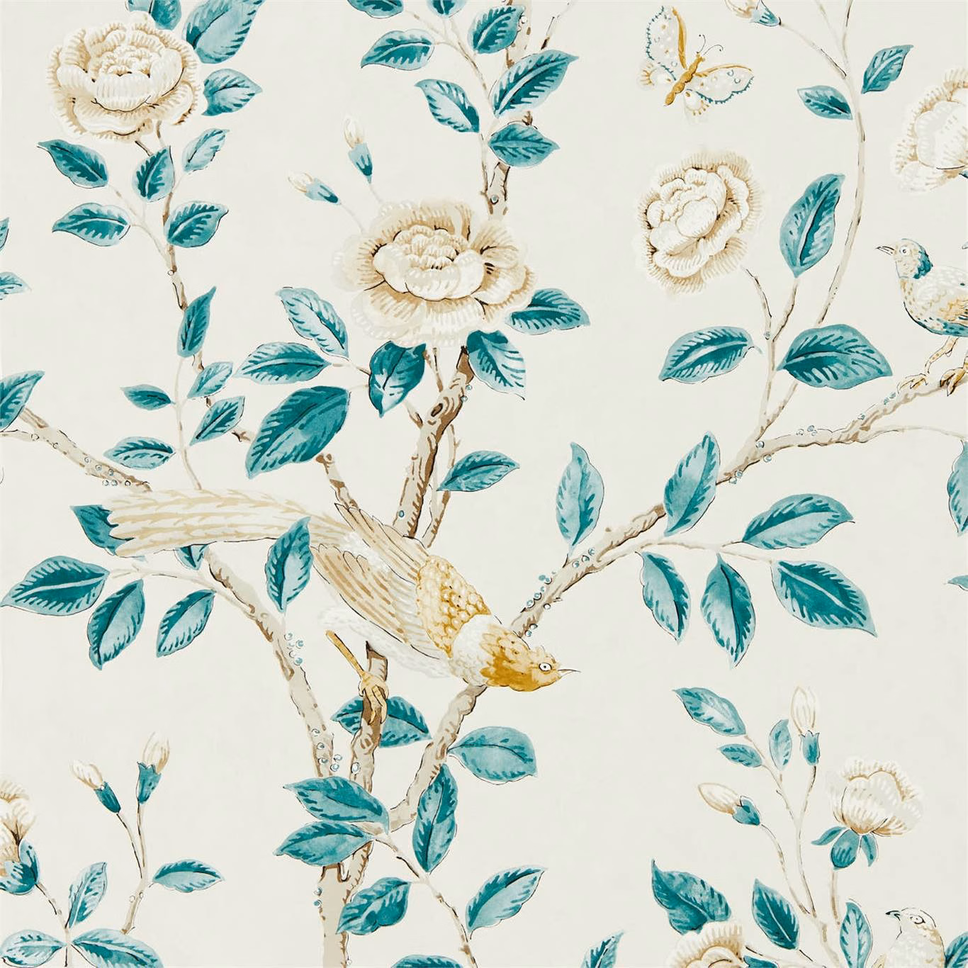 Cream wallpaper with teal leaves, pale flowers, perched birds and fine branching stems