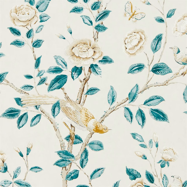 Cream wallpaper with teal leaves, pale flowers, perched birds and fine branching stems