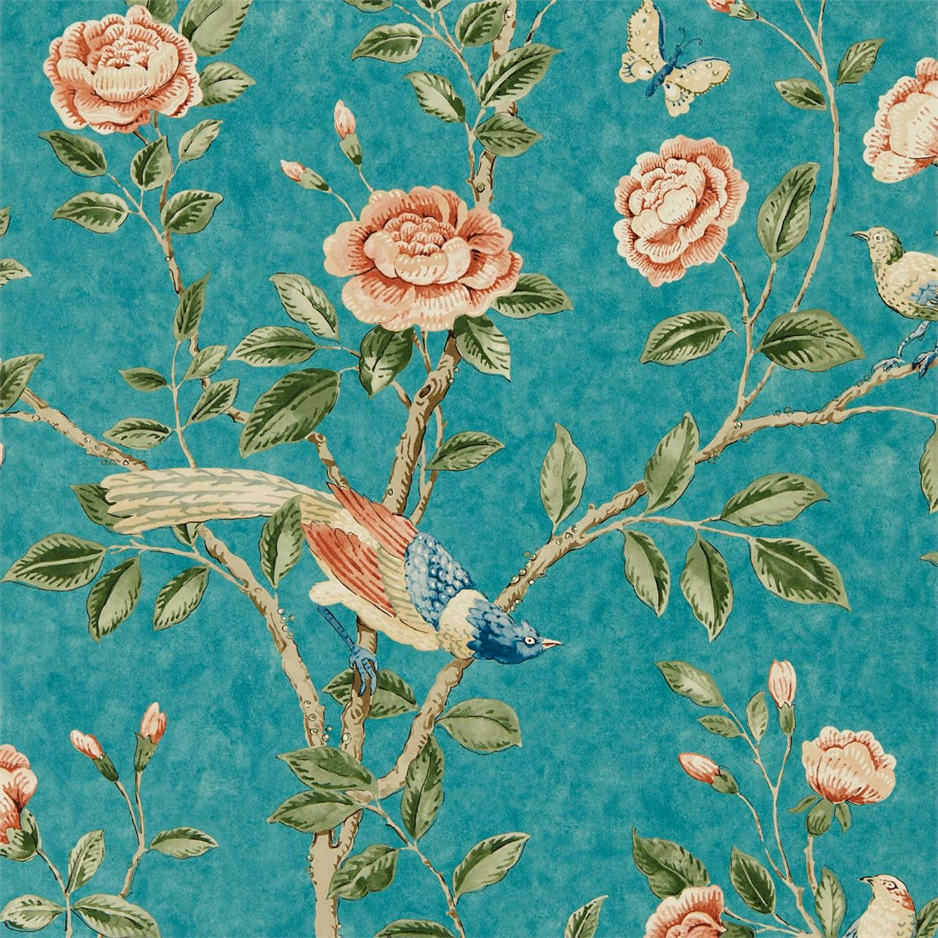 Vivid teal wallpaper with coral flowers, leafy branches and perched birds