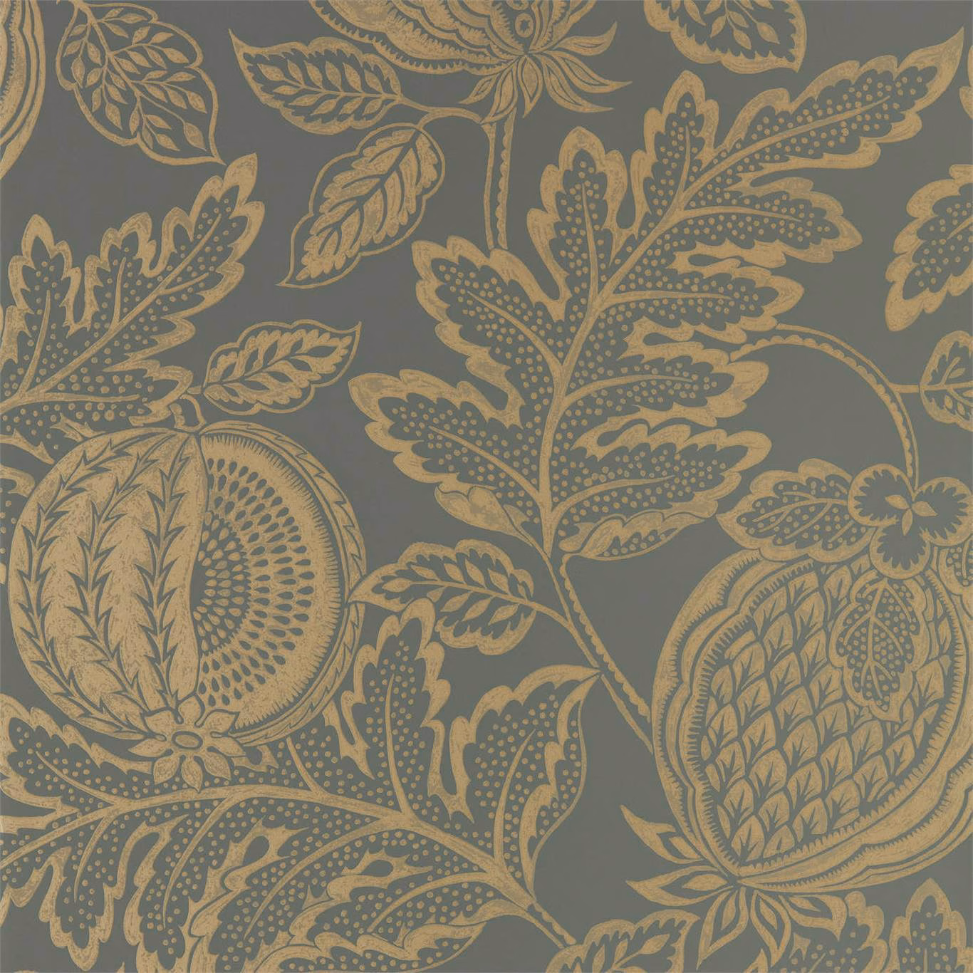 Muted cantaloupe botanical leaves and rounded fruit forms on a charcoal-taupe ground