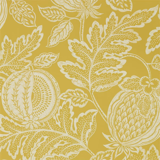 Ochre-gold wallpaper with ivory fruit, curling leaves and intricate dotted botanical detail