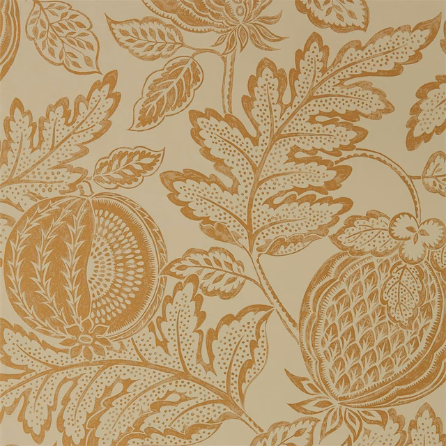 Cantaloupe Clay wallpaper with large ochre leaves and ornate fruit-like botanical motifs