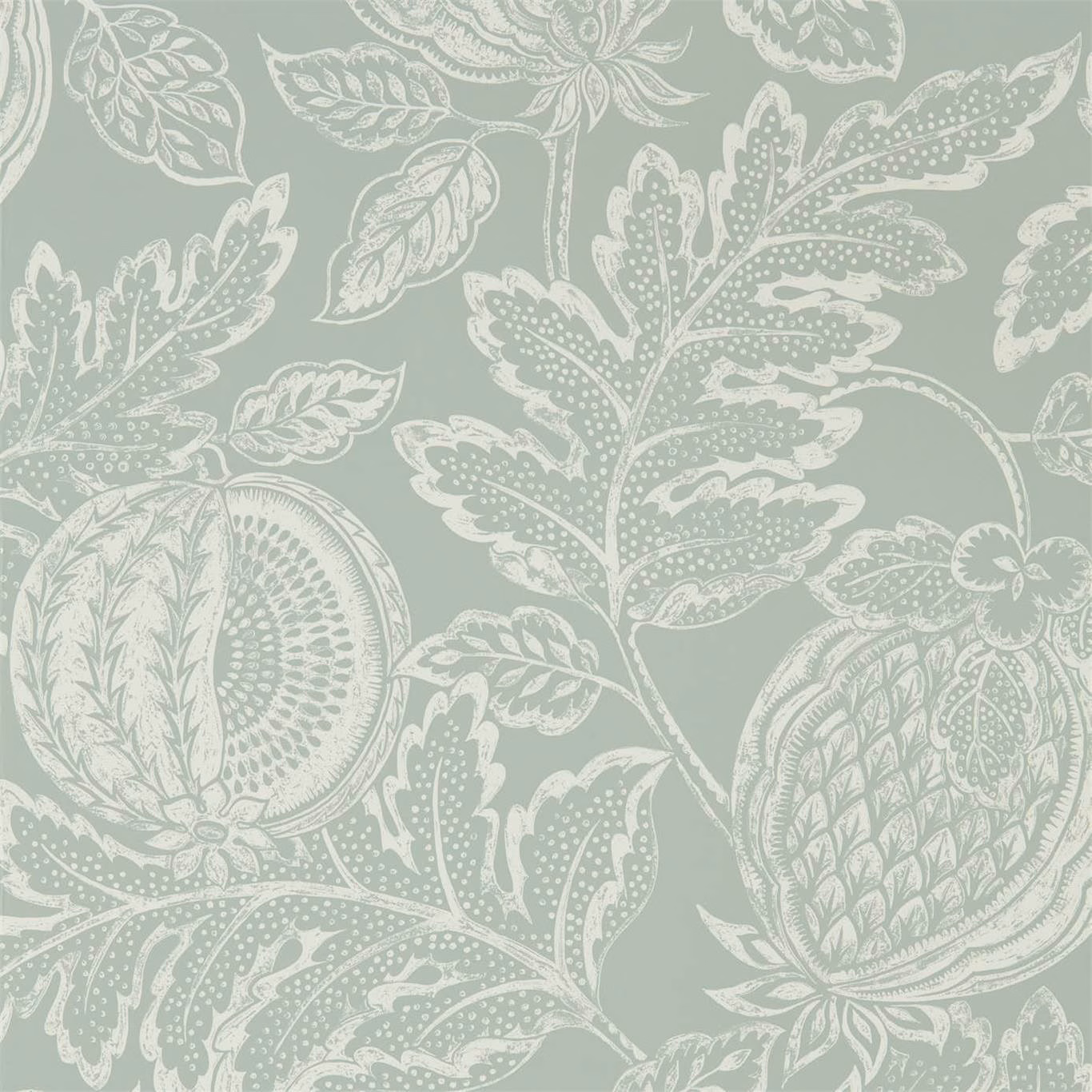 Sage-grey wallpaper with ivory pomegranates, leaves and finely dotted botanical details