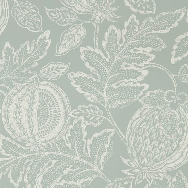 Sage-grey wallpaper with ivory pomegranates, leaves and finely dotted botanical details