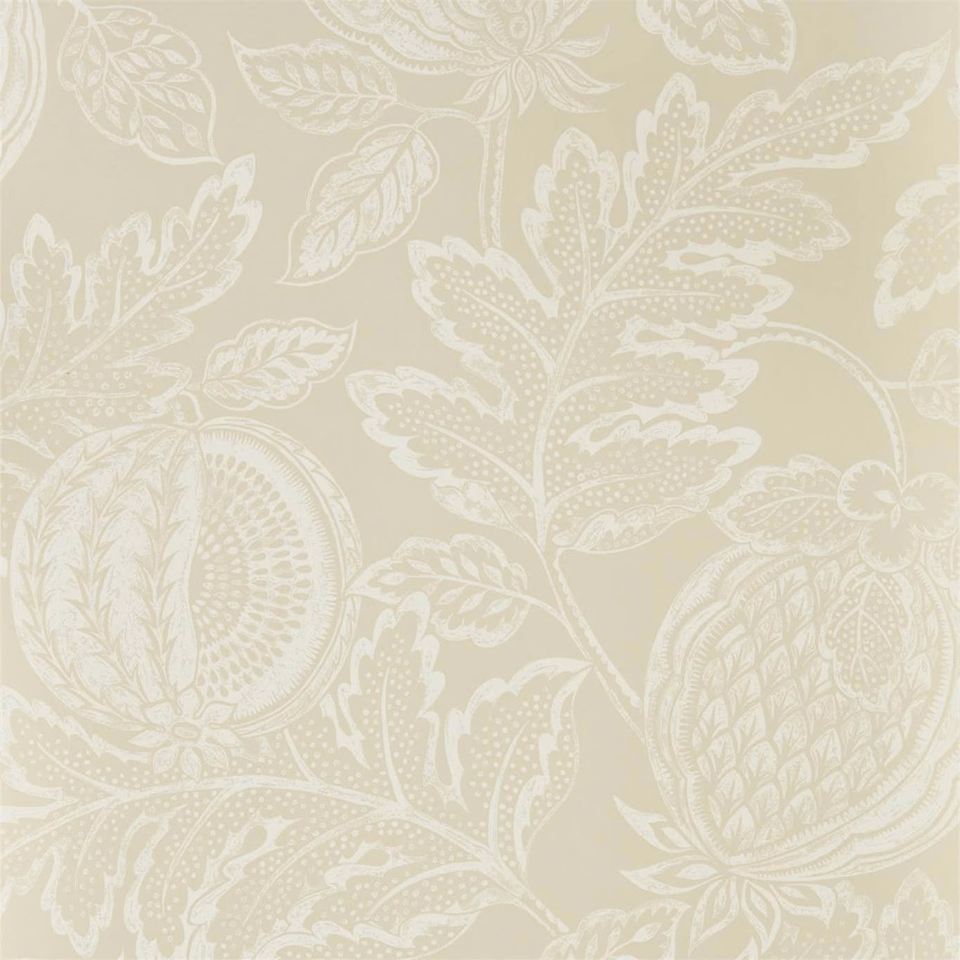 Warm stone beige wallpaper with large ivory leaves, stems and rounded botanical motifs