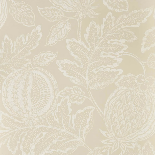 Warm stone beige wallpaper with large ivory leaves, stems and rounded botanical motifs