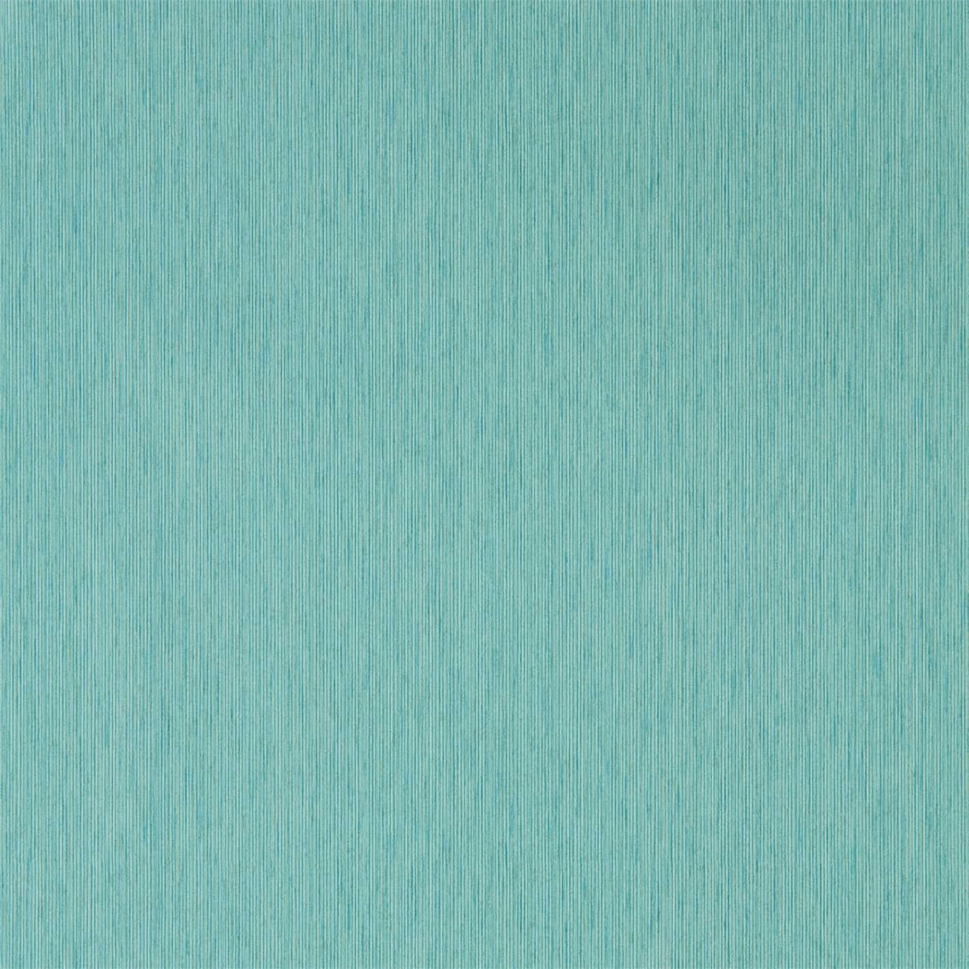 Close-up of pale teal wallpaper with fine darker vertical strie lines and soft variation