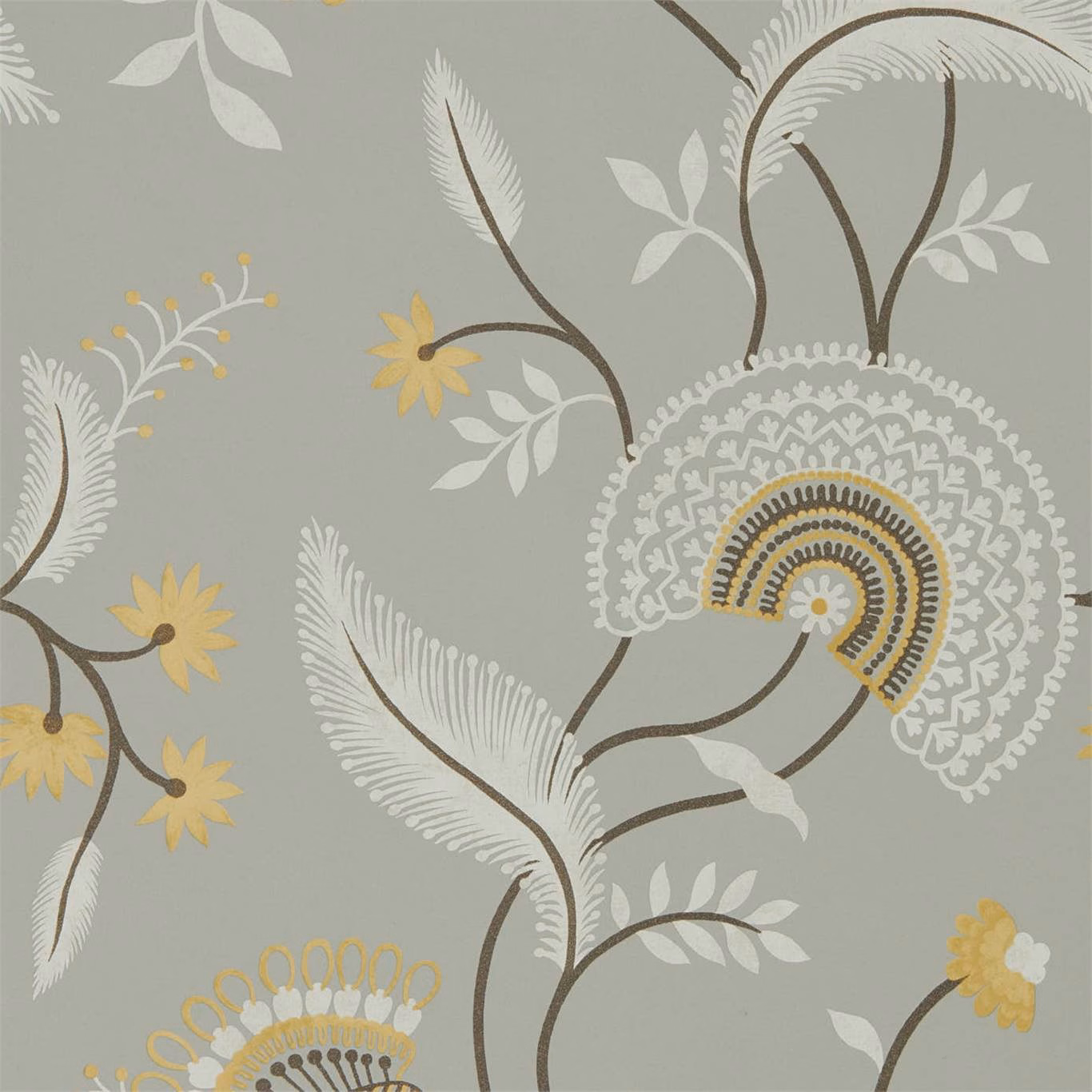 Ash-grey wallpaper with ivory ferns, ochre flowers and ornate botanical medallions