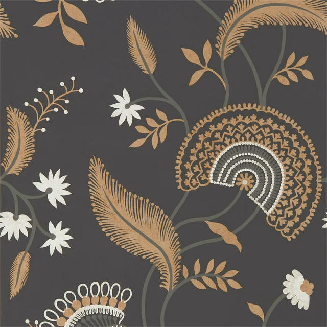 Charcoal wallpaper with antique-gold botanical fans, feathers and ivory flowers