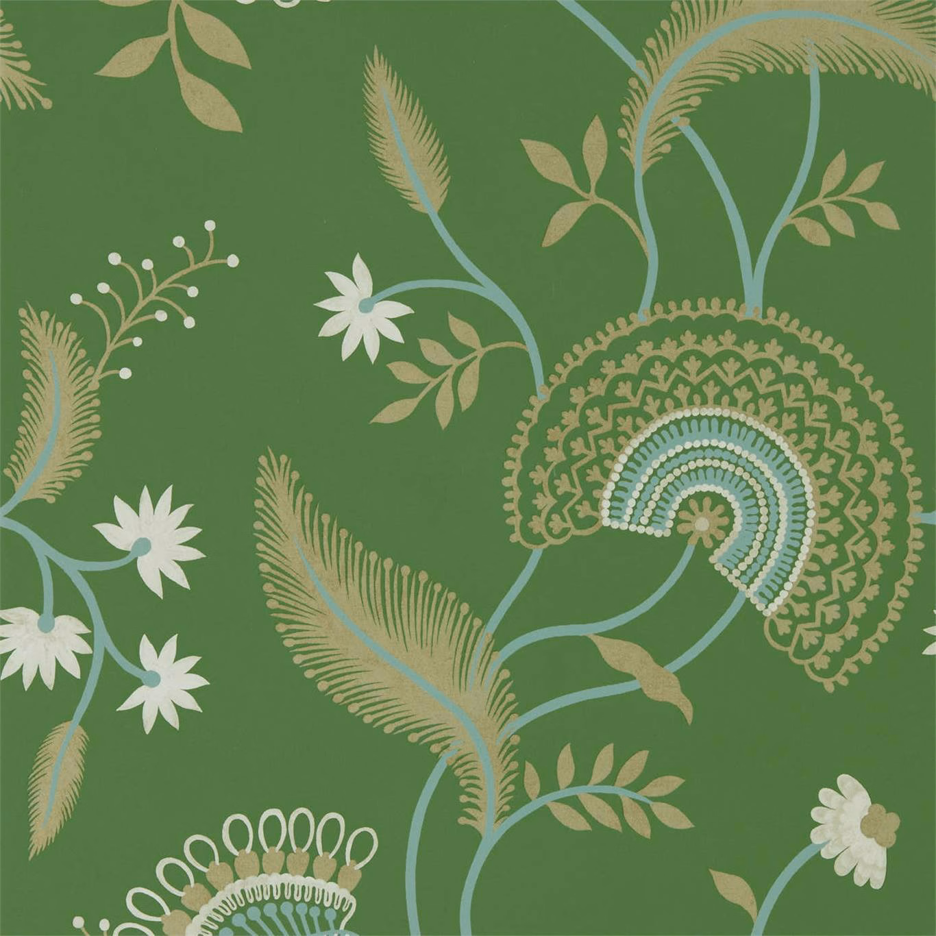 Emerald green wallpaper with pale blue stems, white flowers and ornate beige paisley fans