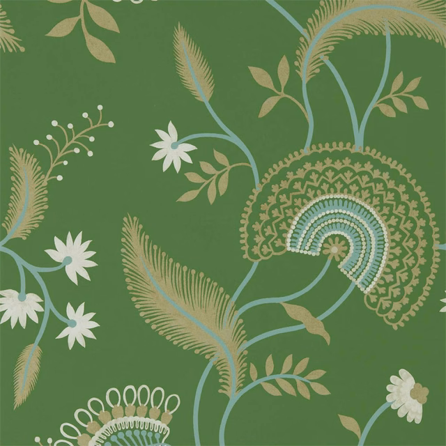 Emerald green wallpaper with pale blue stems, white flowers and ornate beige paisley fans