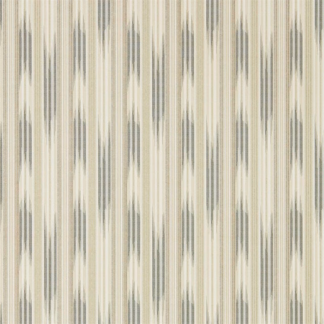 Dove grey wallpaper with cream vertical striations and softened charcoal motifs
