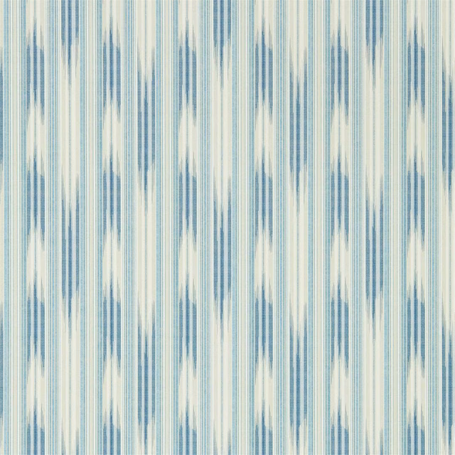 Muted indigo and aqua ikat-like vertical strokes on a pale wallpaper ground