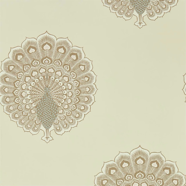 Muted sage parchment wallpaper with taupe peacock medallions and fine ornamental linework