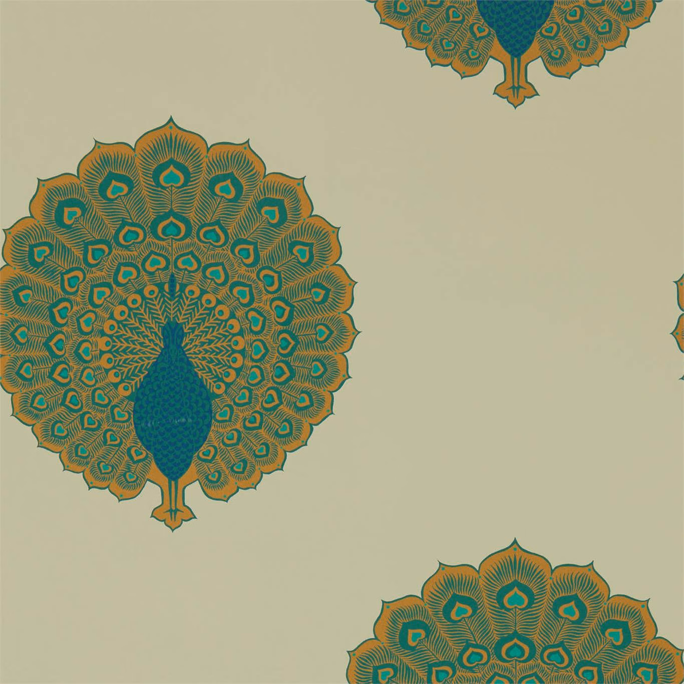 Pale sage wallpaper with teal and ochre peacocks in repeating medallions