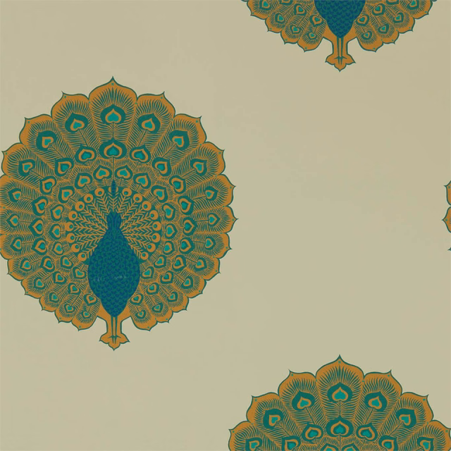 Pale sage wallpaper with teal and ochre peacocks in repeating medallions