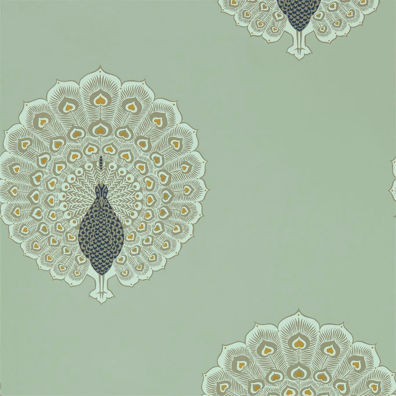 Sea glass green wallpaper with ivory peacock medallions and charcoal-blue feather details