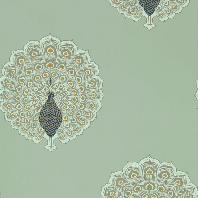 Sea glass green wallpaper with ivory peacock medallions and charcoal-blue feather details