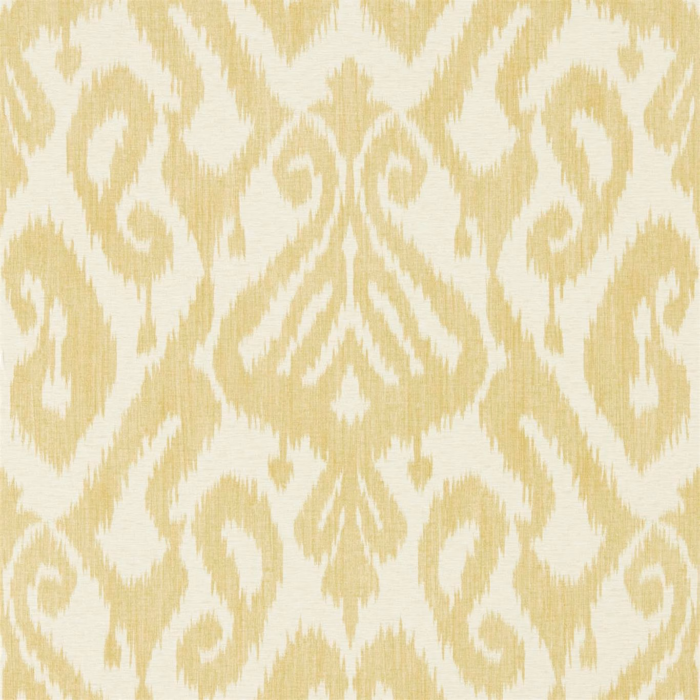 Warm ivory wallpaper with muted straw-beige ikat motifs and fine horizontal texture