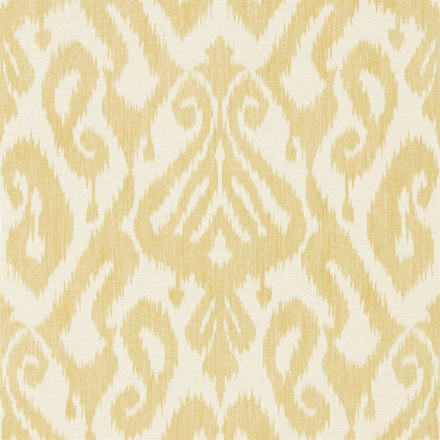 Warm ivory wallpaper with muted straw-beige ikat motifs and fine horizontal texture