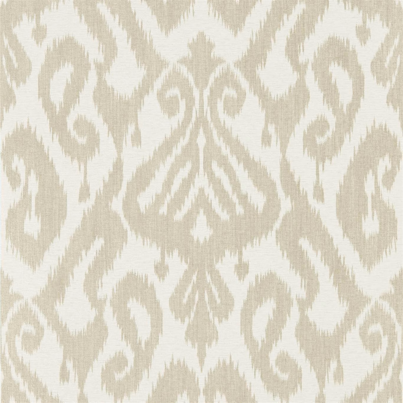 Ivory wallpaper with pale taupe ikat motifs and fine vertical striations