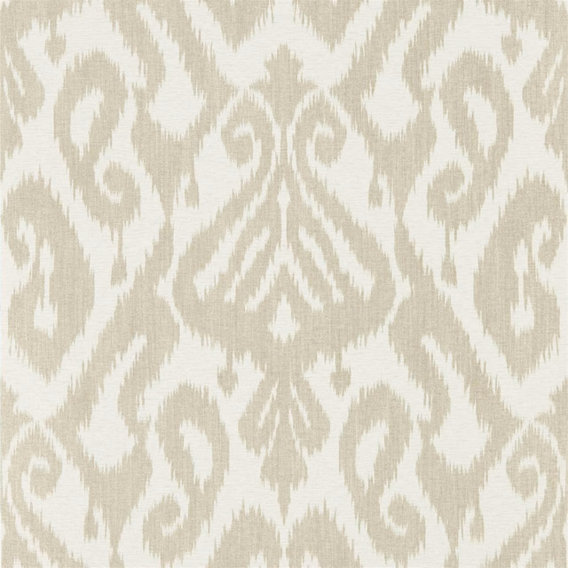 Ivory wallpaper with pale taupe ikat motifs and fine vertical striations