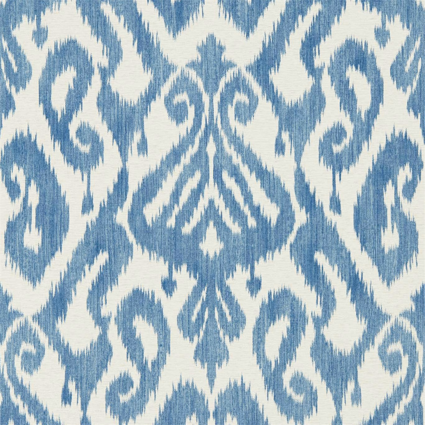 Muted indigo and cream wallpaper with mirrored ikat motifs and striated brush-like texture
