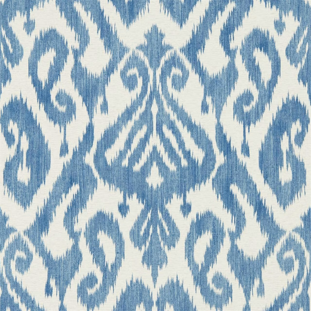 Muted indigo and cream wallpaper with mirrored ikat motifs and striated brush-like texture