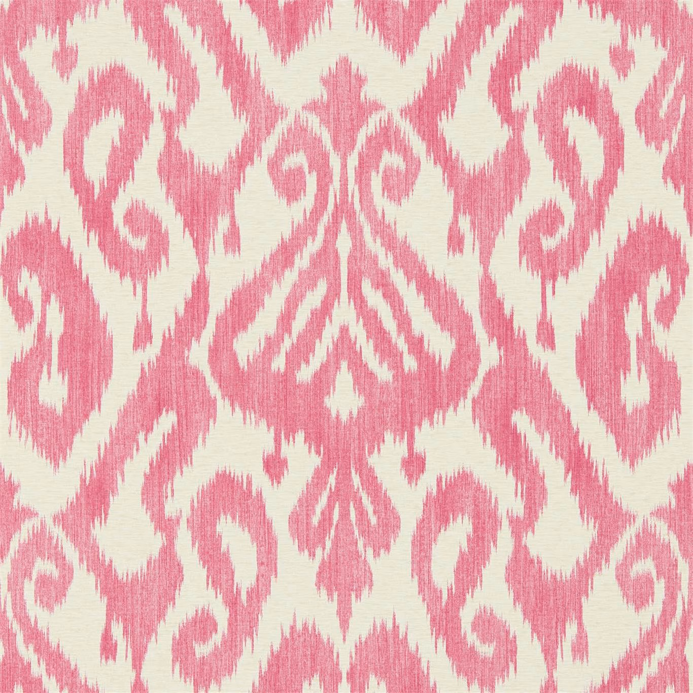 Dusty coral pink and ivory ikat-style scroll wallpaper with softly textured brush marks