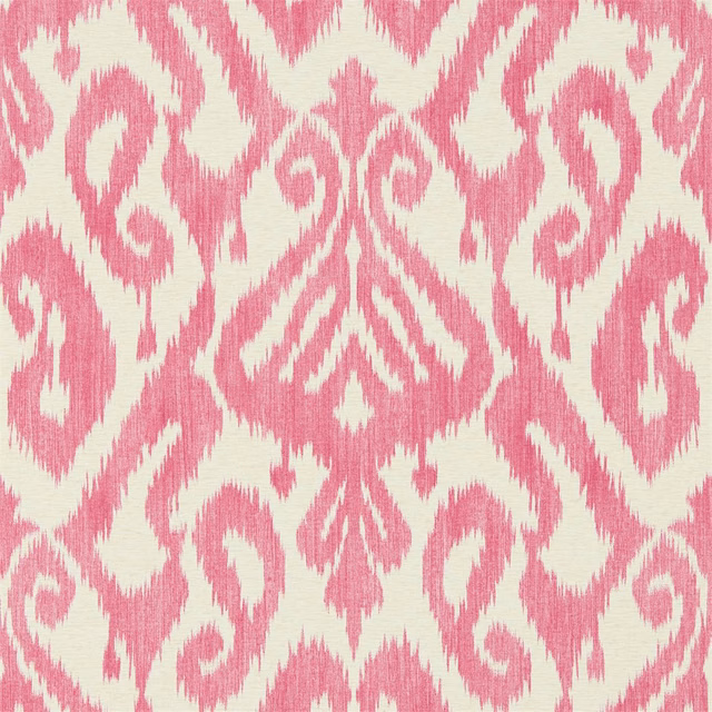 Dusty coral pink and ivory ikat-style scroll wallpaper with softly textured brush marks