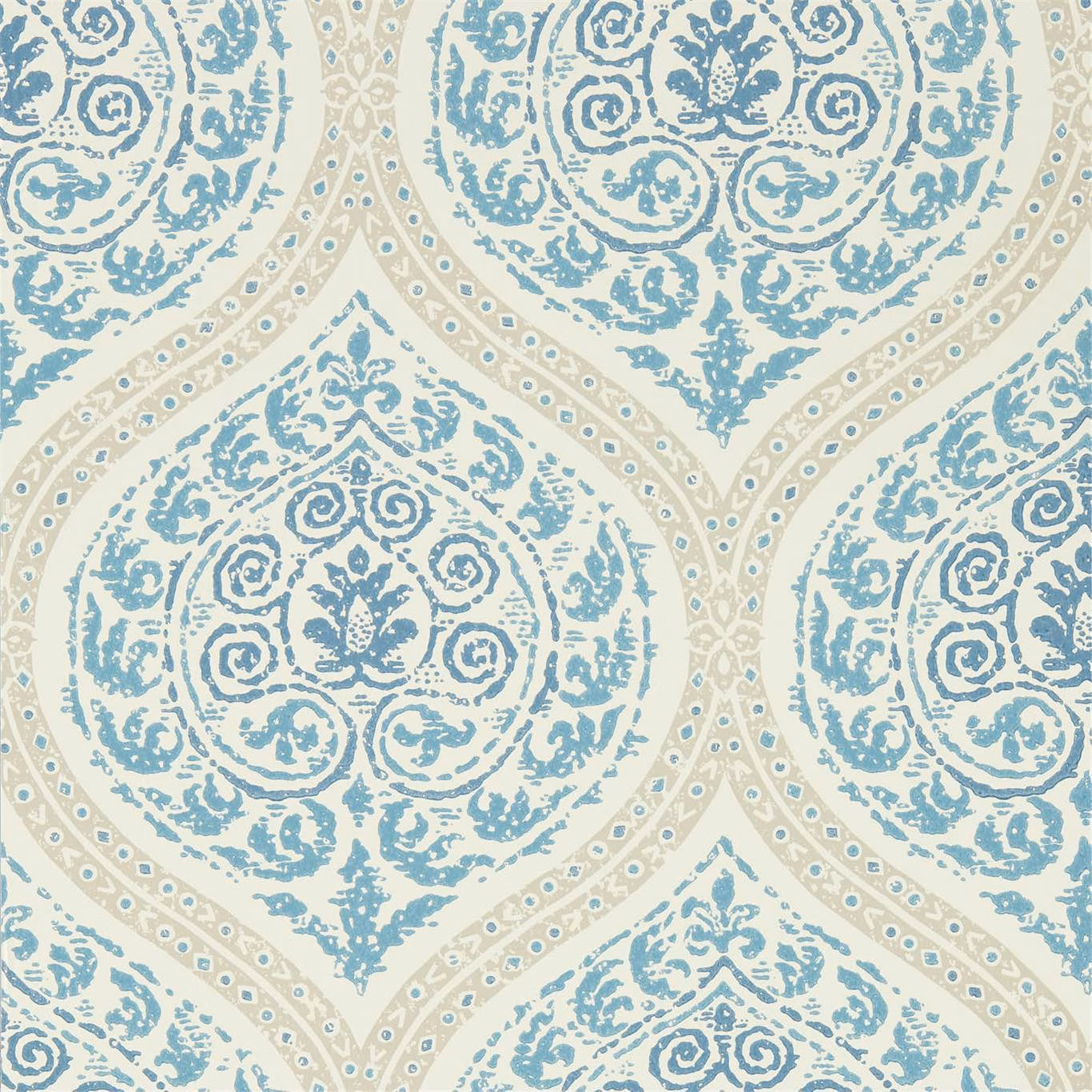 Muted indigo damask medallions with scrolling foliage on a cream wallpaper ground