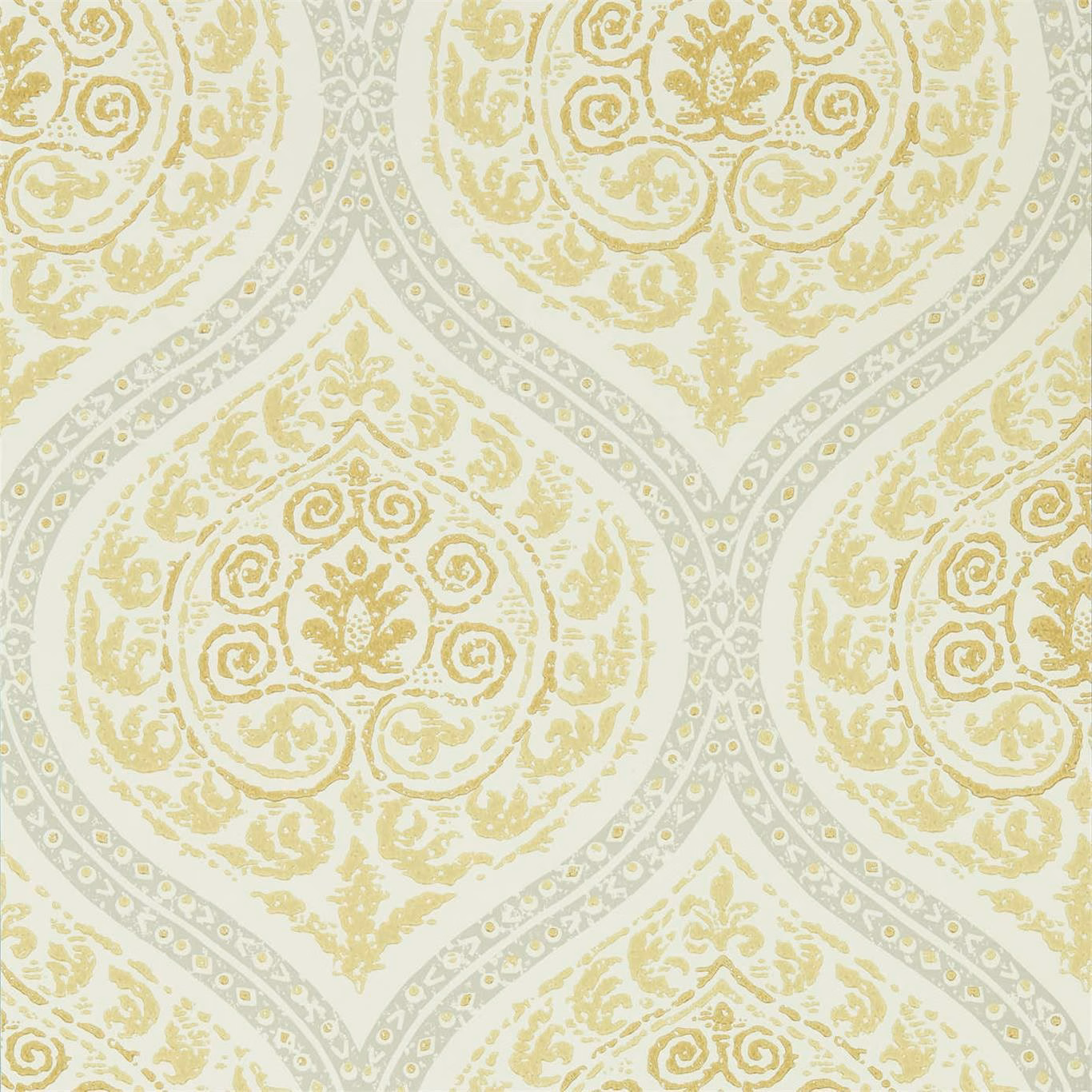 Pale lemon damask wallpaper with grey-blue medallion outlines and distressed floral scrollwork