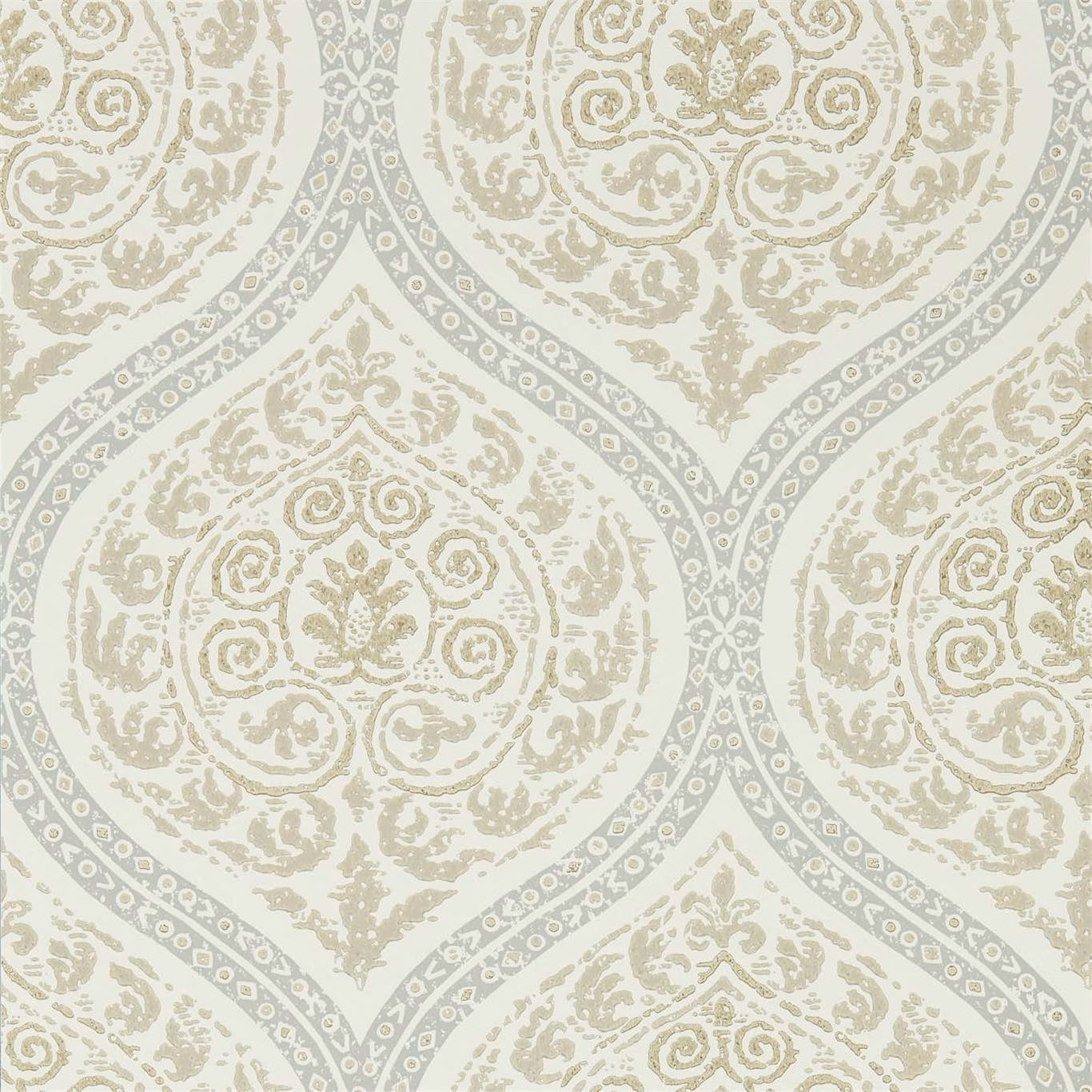 Ivory wallpaper with distressed stone taupe paisley medallions and curved trellis bands